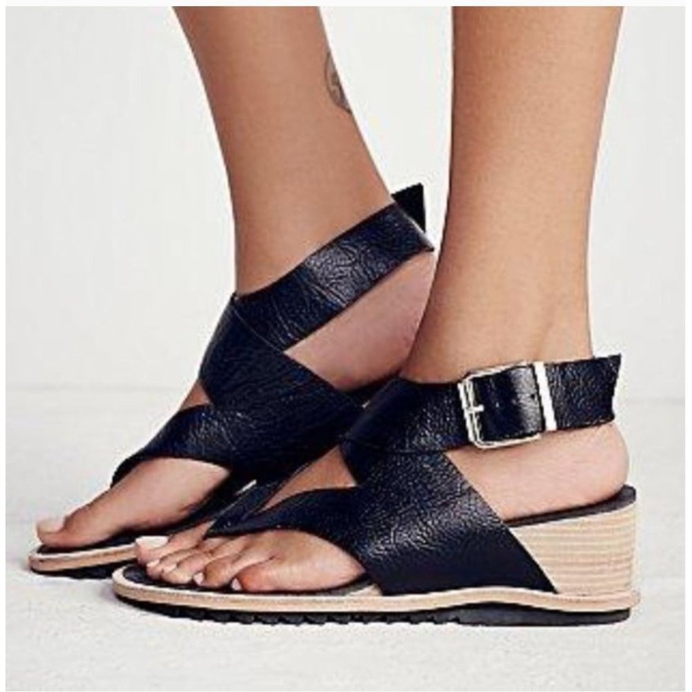 Free People Black Wedge Sandals
